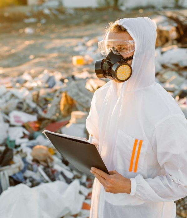 Man in coveralls at trash pill. Doing research. Concept of ecology, environmental pollution.